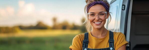 Young woman with glasses and a headband smiles in front of a vintage van on a sunny day photo