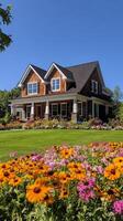 Beautiful wooden house surrounded by vibrant flowers in a sunny garden during daytime photo