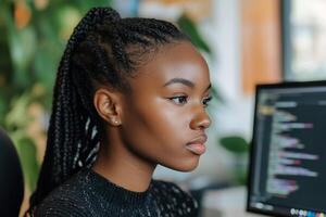 Young woman focused on coding at a computer in a vibrant city at night photo