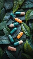 Capsules of various colors resting on green leaves in a natural setting during daylight hours photo
