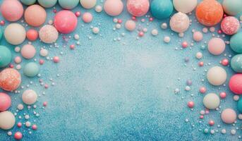 Colorful pastel round candies scattered on a blue background creating a sweet and playful atmosphere photo