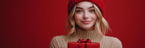 A smiling young woman in a red hat holding a holiday gift against a festive red background photo