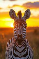 A zebra stands majestically against a vibrant sunset in a golden savannah landscape photo