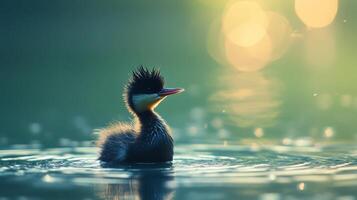 A cute duckling swimming in calm water surrounded by vibrant green foliage during daylight photo