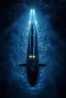 Submarine exploring the deep ocean at night with powerful headlights illuminating the water photo