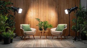 Cozy interior setup with two chairs and greenery for a casual discussion or interview setting photo
