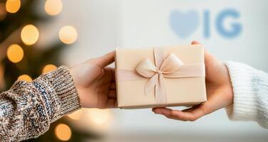 Two men joyfully exchanging gifts during a holiday celebration in a cozy home setting photo