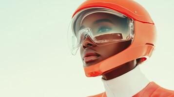 Young athlete in bright orange winter gear prepares for competition in snowy location photo