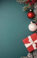 Cozy holiday decoration featuring a red gift box, ornaments, and pine branches on green backdrop photo