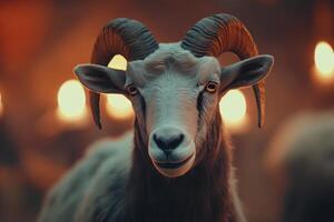 A close up of a goat with striking horns surrounded by glowing candles in a mystical setting photo