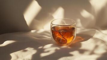 A clear glass cup of golden tea reflects sunlight on a soft tablecloth in a serene setting photo
