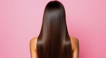 Woman with long straight hair standing against a pink background in a serene indoor setting photo