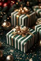 Beautifully wrapped Christmas gifts with gold bows and decorations on a festive table photo