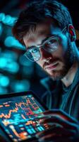 Young man analyzing financial data on a tablet in a dimly lit room during evening hours photo