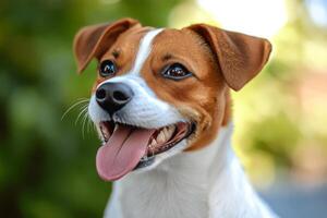 Happy dog with a playful expression enjoying a sunny day outdoors in a garden setting photo