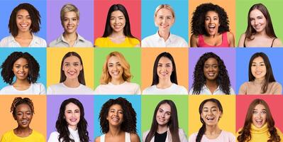 Diversity And Variety Concept. Creative composite collage series of optimistic multicultural women smiling on colorful studio backgrounds. Headshot portraits of multiracial ladies, female photoshoot photo