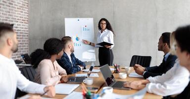 Latin Businesswoman Making Business Presentation Giving Speech For Colleagues Standing And Pointing At Blackboard With Charts And Graphs In Modern Office. Panorama, Selective Focus photo