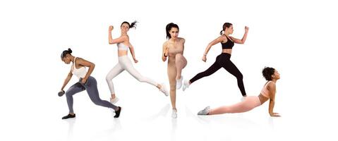 Five women are performing different workouts in a bright space, showcasing strength training, running, and bodyweight exercises to promote fitness and well-being during the day. photo