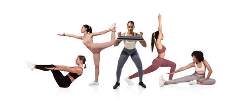 A group of five women participates in different workout routines, showcasing strength and flexibility in a bright and minimalistic indoor space. photo