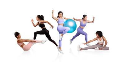 Group of women performing various fitness exercises using exercise balls. They display strength, flexibility, and coordination in a bright, modern studio environment. photo