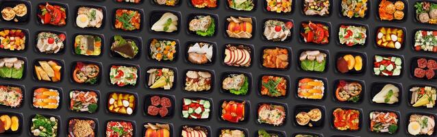 Creative Banner For Food Delivery With Multiple Lunch Boxes With Tasty Healthy Meals, Lots Of Plastic Containers With Delicious Eats Flat Lay Over Black Background, Collage, Panorama, Top View photo