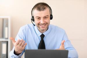 Customer Support Service. Hotline Operator Talking With Client Making Call Consulting Working In Call Center Office. photo