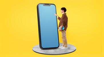 Student Young Man Touching Huge Phone With Empty Screen Template For E-Learning Apps Advertisement, Standing With Textbooks On Yellow Studio Background. Gadget Offer. Collage photo