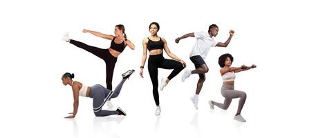 Five individuals perform various fitness activities in a structured indoor environment. They showcase different techniques and styles, emphasizing physical movement and energy. photo