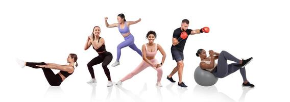 A diverse group of people is performing different fitness exercises in a bright, neutral space. Activities include boxing, yoga, strength training, and core workouts. photo