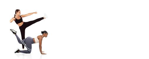 Two women are engaged in a fitness training session, showcasing dynamic exercises. One performs a high kick while the other is on all fours, demonstrating strength and coordination. photo