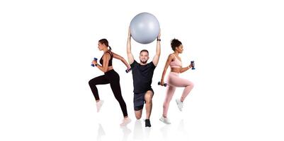 Three individuals participate in an energetic workout session, using dumbbells and a stability ball. They appear focused and determined, showcasing different exercises in a bright, studio environment. photo