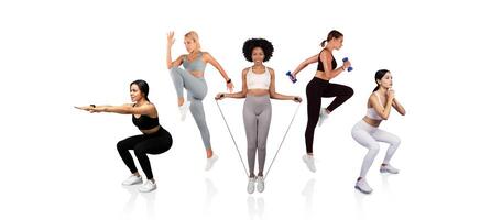 Five women of different backgrounds participate in indoor workouts, showcasing exercises like jumping, squatting, and using weights. Each woman demonstrates unique fitness routines, promoting health. photo
