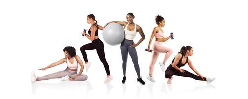 Five women are participating in different workout routines, using a stability ball and dumbbells. They showcase stretches and strength exercises in a well-lit studio environment. photo
