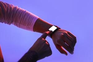 Smart watch with blank screen. Man uses smartwatch, cropped photo