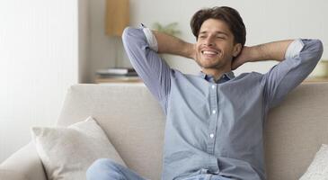 Lazy Day Off. Man Resting Sitting On Sofa After Finishing Chores At Home. Panorama, Copy Space photo
