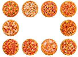 Ten different pizza set for menu. Italian food traditional cuisine. Meat pizzas with mozarella, salami, sausages, pepperoni and ham. Collage of pizzas with empty space, copyspace in the middle. photo