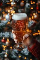 Festive gathering captures a hand holding a cold beer with sparkling decorations in the background photo
