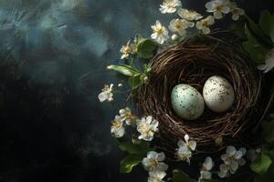 A beautiful bird nest with speckled eggs surrounded by delicate white blossoms and greenery photo