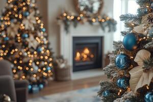 Cozy living room decorated for Christmas with a tree, fireplace, and warm festive lights photo