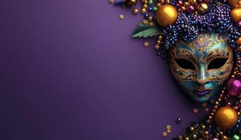 Colorful decorated mask surrounded by vibrant beads during a festive celebration photo