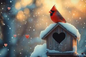 A vibrant cardinal perched on a snowy birdhouse with heart shaped entrance during winter twilight photo