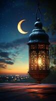 Decorative lantern illuminated at dusk under a crescent moon with a starry sky backdrop photo