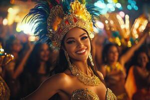 Joyful dancer in a golden headdress at a vibrant carnival celebration photo