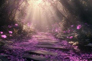 A serene pathway through a vibrant flower filled forest during the soft glow of morning light photo