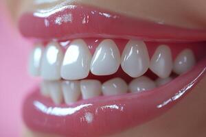 Detailed view of realistic dental model showcasing healthy teeth against a pink background photo