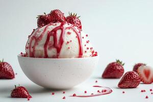 Creamy swirl of soft serve ice cream topped with fresh strawberries and strawberry sauce photo