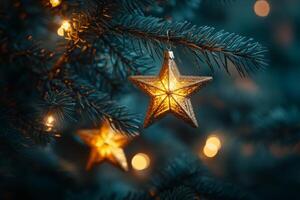 Beautiful golden star ornament hanging on a snow covered evergreen tree during winter evening photo