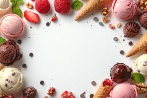 Assorted ice cream scoops and toppings arranged creatively on a white surface photo