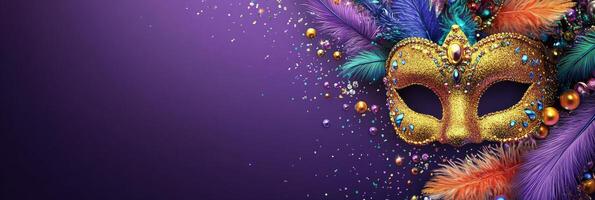 Colorful carnival mask with vibrant feathers and sparkling confetti on purple background photo
