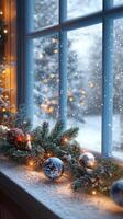 Decorative window display with blue and gold ornaments during a snowy winter evening photo